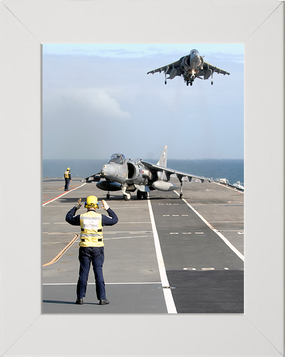 Two Harrier Jets Landing on the Flight deck of HMS Illustrious Photo Print - Royal Navy Aircraft Posters, Prints, & Visual Artwork Hampshire Prints 10 x 8 White Frame No