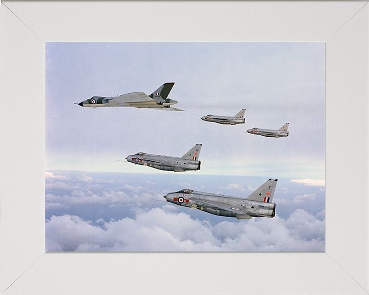 RAF Avro Vulcan Bomber and Four English Electric Lightning Jets Photo Print - Royal Air Force Aircraft Posters, Prints, & Visual Artwork Hampshire Prints 10 x 8 White Frame No