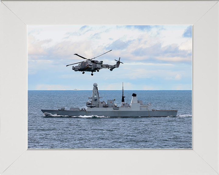 HMS Diamond (D34) Royal Navy Type 45 Destroyer With Wildcat Helicopter Photo Print Wall Art Decor Posters, Prints, & Visual Artwork Hampshire Prints 10 x 8 White Frame No