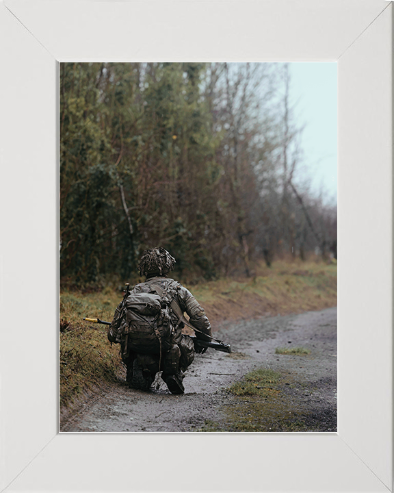 British Army Soldier Officer Cadet Crouches in the Field Photo Print Wall Art Military Decor Posters, Prints, & Visual Artwork Hampshire Prints 10 x 8 White Frame No