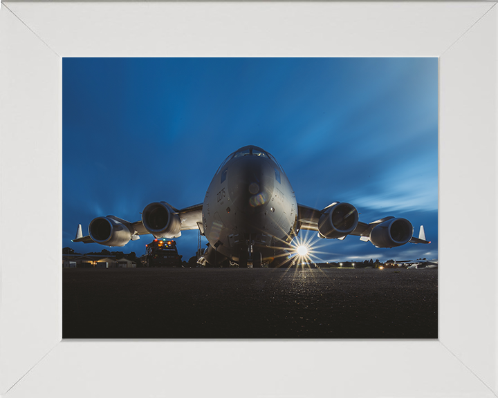 RAF C17 Globemaster after dusk Photo Print - Royal Air Force Aircraft Hampshire Prints 10 x 8 White Frame No