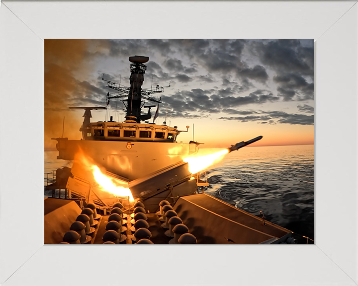 HMS Somerset (F82) Photo Print - Firing NSM 2025 - Royal Navy Type 23 Frigate Hampshire Prints 10 x 8 White Frame No