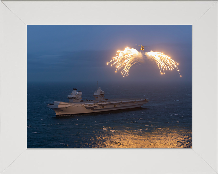 HMS Prince of Wales (R09) Photo Print - With Merlin - Royal Navy Queen Elizabeth Class Aircraft Carrier Hampshire Prints 10 x 8 White Frame No