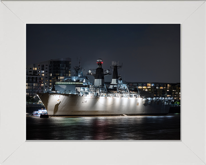 HMS Albion (L14) Royal Navy Albion Class Amphibious Ship In Harbour At Night Photo Print Wall Art Naval Decor Posters, Prints, & Visual Artwork Hampshire Prints 10 x 8 White Frame No