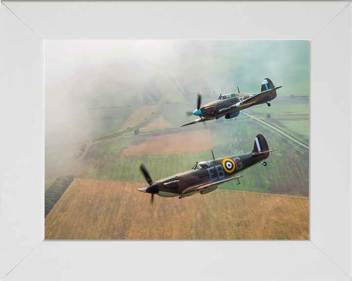 RAF Spitfire and Hurricane in flight Photo Print - Royal Air Force Aircraft Hampshire Prints 10 x 8 White Frame No