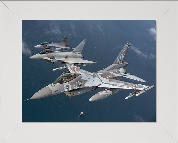 RAF Typhoon an F-16 and Gripen Jets Photo Print - Royal Air Force Aircraft Hampshire Prints 10 x 8 White Frame No