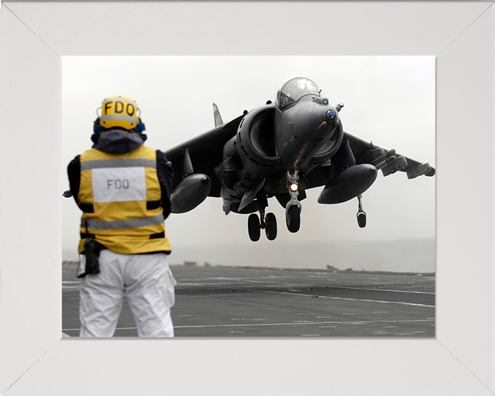 Harrier GR9 With Flight Deck Officer (FDO) Photo Print - Royal Navy Aircraft Posters, Prints, & Visual Artwork Hampshire Prints 10 x 8 White Frame No
