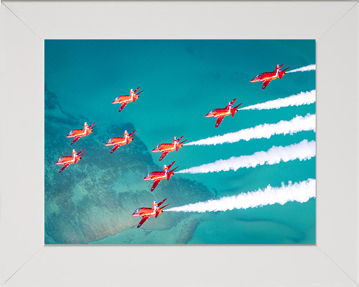 RAF Red Arrows fly over the sea in Formation Photo Print - Royal Air Force Aircraft Hampshire Prints 10 x 8 White Frame No