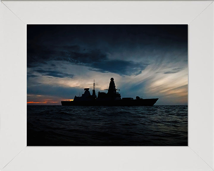 HMS Defender (D36) Photo Print - Silhouette at Sunset - Royal Navy Type 45 Destroyer Hampshire Prints 10 x 8 White Frame No