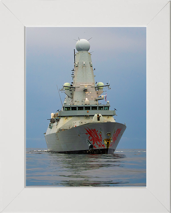 HMS Dragon (D35) Royal Navy Type 45 Destroyer Low Starboard Bow View Photo Print Wall Art Decor Posters, Prints, & Visual Artwork Hampshire Prints 10 x 8 White Frame No
