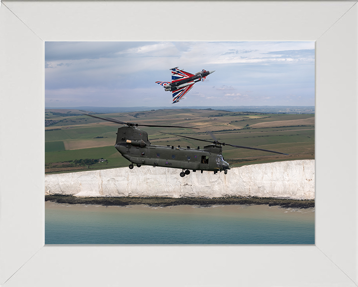 RAF Chinook Helicopter and Typhoon Jet Photo Print - Royal Air Force Aircraft Hampshire Prints 10 x 8 White Frame No