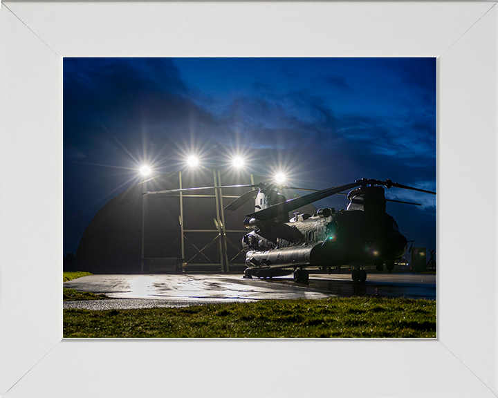 RAF Chinook Helicopter Outside a Hanger at Night Photo Print Royal Air Force Aircraft Wall Art Aviation Decor Posters, Prints, & Visual Artwork Hampshire Prints 10 x 8 White Frame No