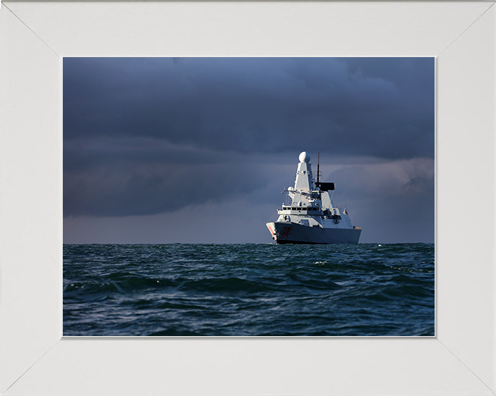 HMS Dragon (D35) Royal Navy Type 45 Destroyer With Stormy Skies Photo Print Wall Art Decor Posters, Prints, & Visual Artwork Hampshire Prints 10 x 8 White Frame No