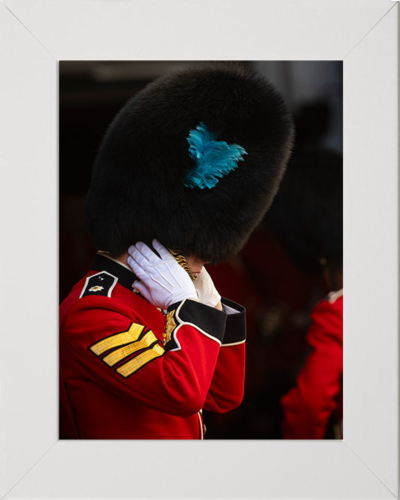 Irish Guards Sergeant dons his Bear Skin Photo Print - British Army Hampshire Prints 10 x 8 White Frame No