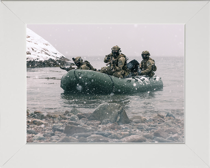 Royal Marines on a Inflatable Raiding Craft in the Snow Photo Print 30 Commando Wall Art Military Decor Posters, Prints, & Visual Artwork Hampshire Prints 10 x 8 White Frame No