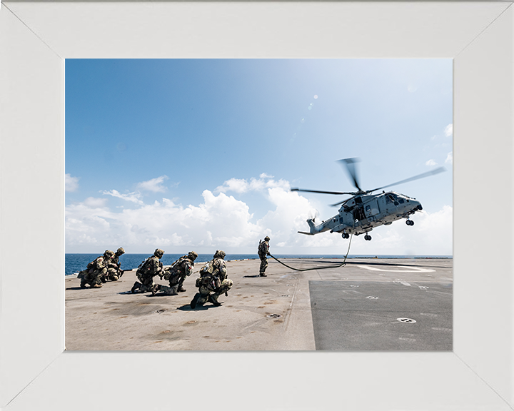 Royal Marines Fast Rope from a Merlin Helicopter Photo Print - 42 Commando Hampshire Prints 10 x 8 White Frame No