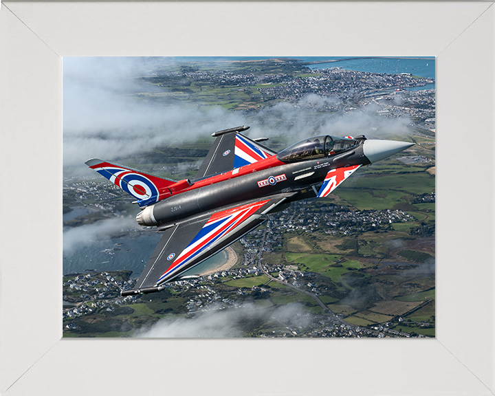 RAF Typhoon Union Jack livery over the Menai Straits Photo Print - Royal Air Force Aircraft Hampshire Prints 10 x 8 White Frame No
