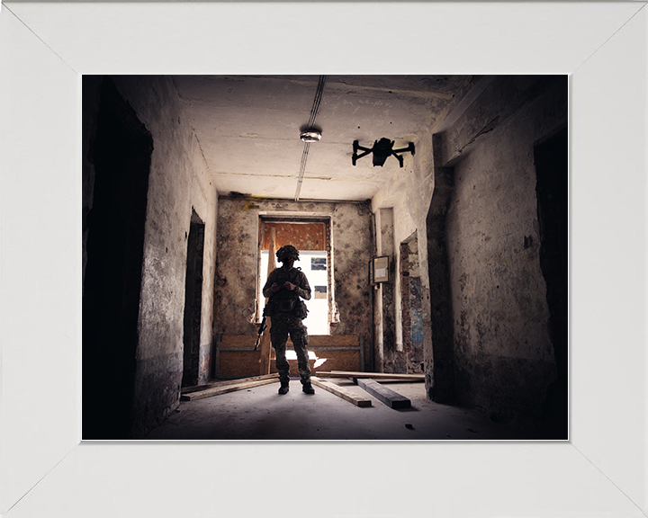 British Army Soldier Operating a Parrot Drone Urban Warfare Training Photo Print Military Decor Posters, Prints, & Visual Artwork Hampshire Prints 10 x 8 White Frame No
