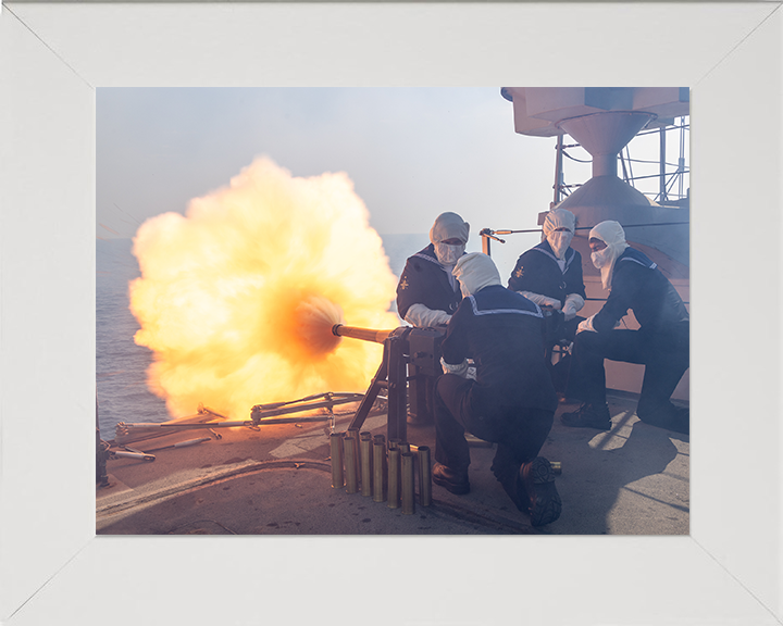 Royal Navy Gun Salute at the Decommissioning of HMS Lancaster Photo Print Wall Art Naval Decor Hampshire Prints 10 x 8 White Frame No