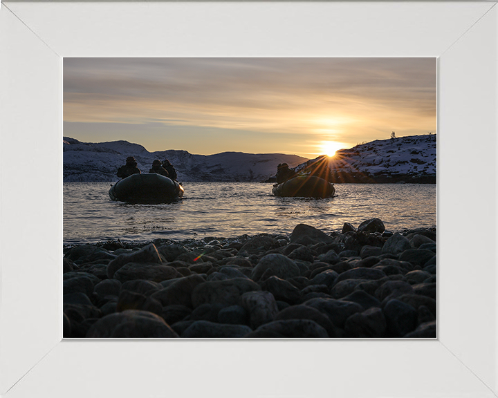 Royal Marines on Two Inflatable Raiding Crafts at Sunset Photo Print 30 Commando Wall Art Military Decor Posters, Prints, & Visual Artwork Hampshire Prints 10 x 8 White Frame No