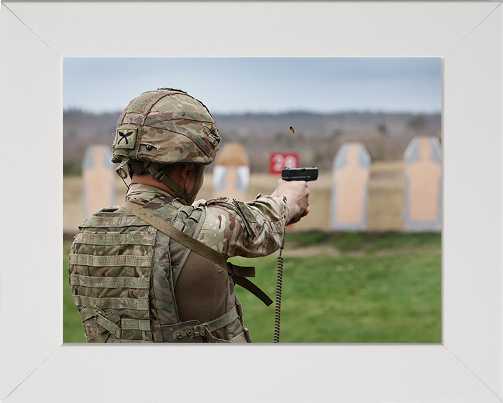 Royal Gurkha Rifleman firing a pistol Photo Print - British Army Hampshire Prints 10 x 8 White Frame No
