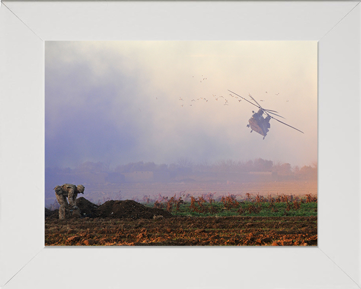 Royal Marine with Chinook Helicopter in Afghanistan Photo Print - 42 Commando Hampshire Prints 10 x 8 White Frame No