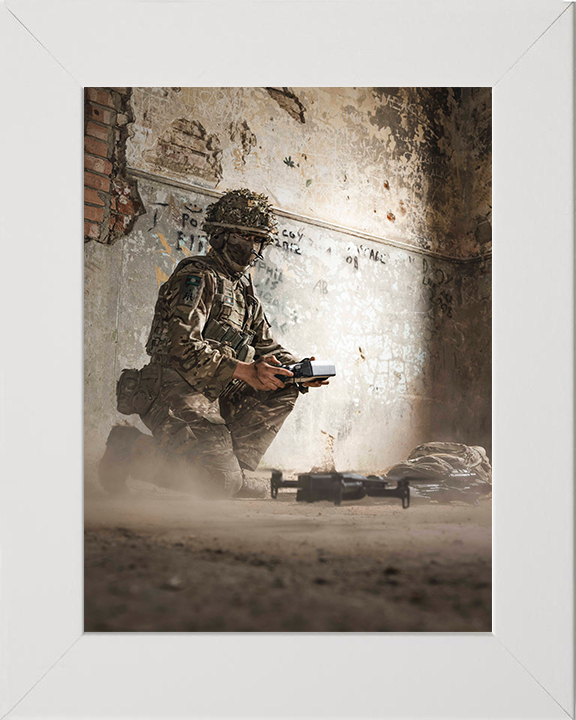 Soldier Flies a drone Photo Print - British Army Hampshire Prints 10 x 8 White Frame No