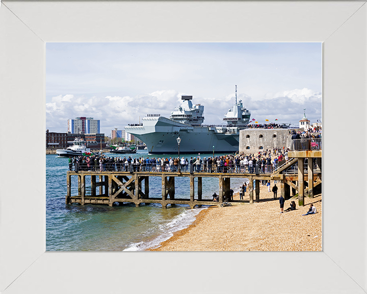 HMS Prince of Wales (R09) Photo Print - Round Tower 2025 - Royal Navy Queen Elizabeth Class Aircraft Carrier Hampshire Prints 10 x 8 White Frame No