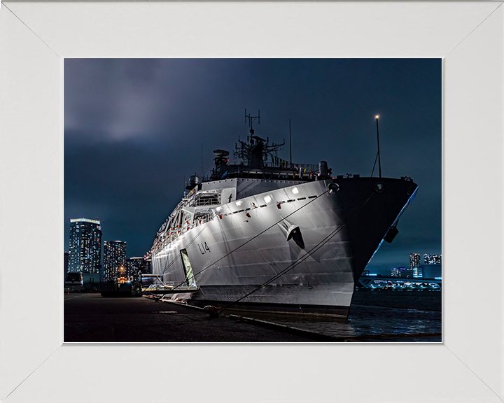 HMS Albion (L14) Royal Navy Albion Class Amphibious Ship Floodlit Photo Print Wall Art Naval Decor Posters, Prints, & Visual Artwork Hampshire Prints 10 x 8 White Frame No