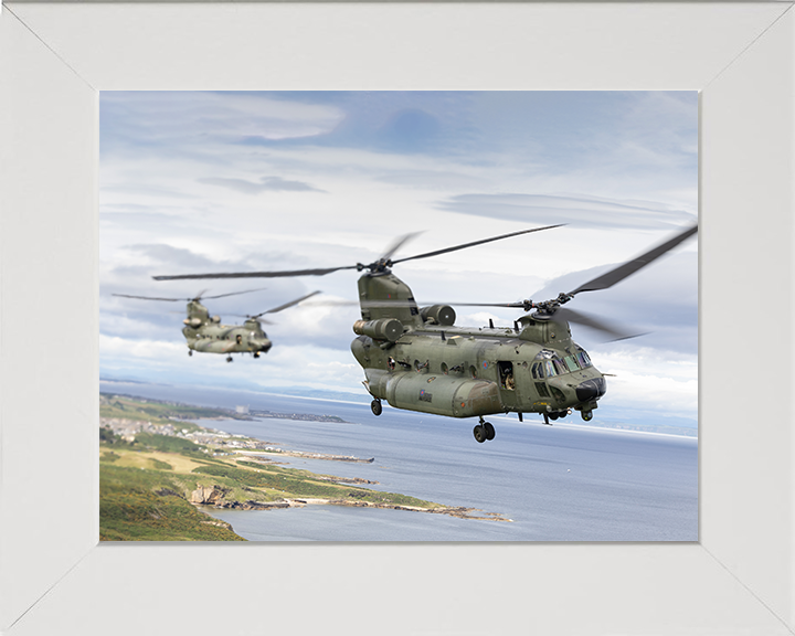 Two RAF Chinook Helicopters in Flight Photo Print - Royal Air Force Aircraft Hampshire Prints 10 x 8 White Frame No