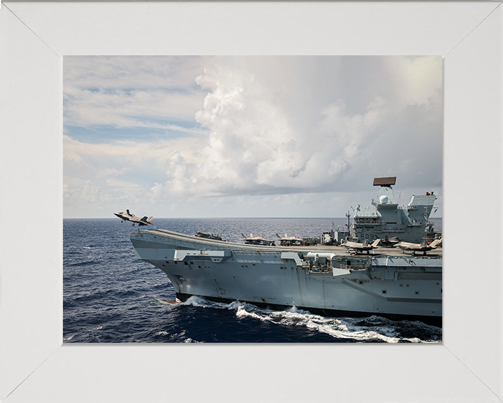 HMS Prince of Wales (R09) Photo Print - F-35B Lightning Takeoff - Royal Navy Queen Elizabeth Class Aircraft Carrier Hampshire Prints 10 x 8 White Frame No