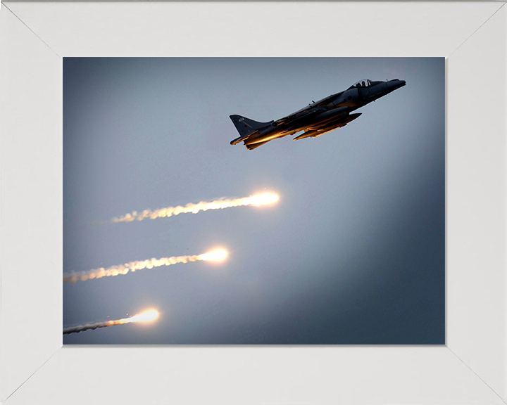 Harrier GR7 Firing Decoy Flares Photo Print - Royal Navy Aircraft Posters, Prints, & Visual Artwork Hampshire Prints 10 x 8 White Frame No