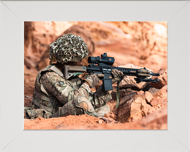 Soldier with a sharpshooter rifle Photo Print - British Army Hampshire Prints 10 x 8 White Frame No