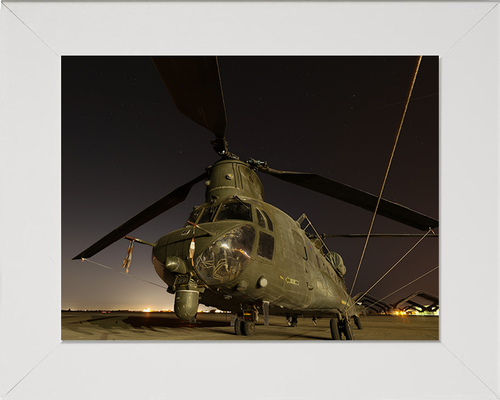 RAF Chinook Helicopter on Runway at night Photo Print - Royal Air Force Aircraft Hampshire Prints 10 x 8 White Frame No