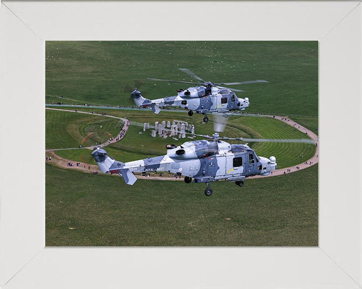 Wildcat Helicopters Over Stonehenge Photo Print - Royal Navy Aircraft Hampshire Prints 10 x 8 White Frame No