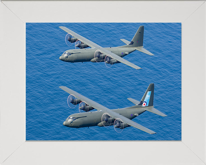 Two RAF Hercules C-130J in flight Photo Print - Royal Air Force Aircraft Hampshire Prints 10 x 8 White Frame No