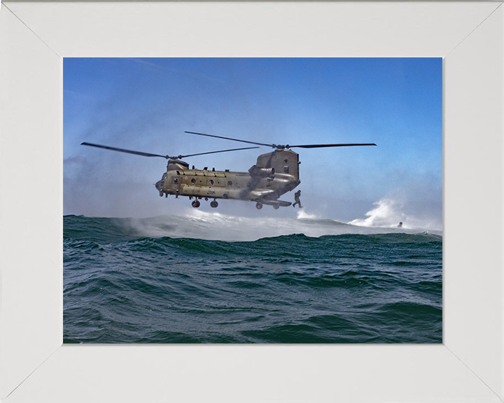 Royal Marine Commando helocasting from a Chinook Photo Print - 40 Commando Hampshire Prints 10 x 8 White Frame No