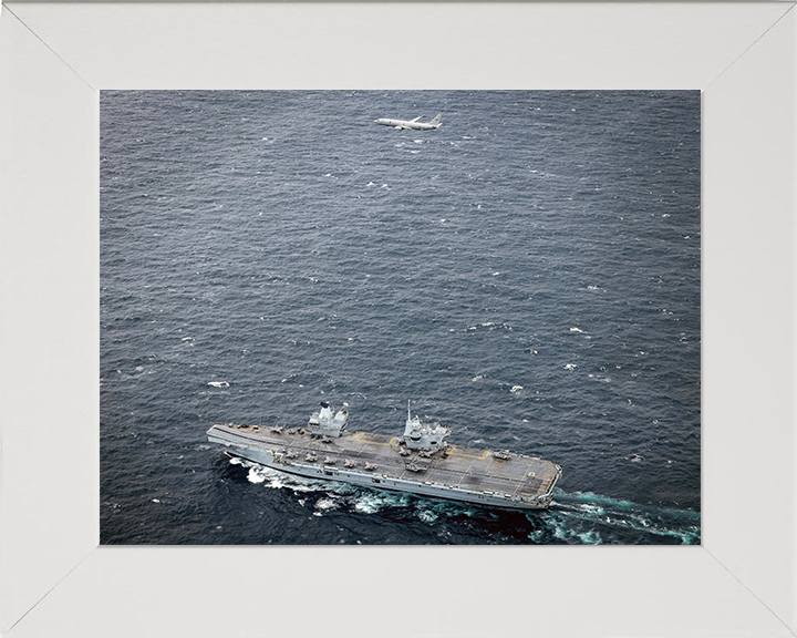 HMS Prince of Wales (R09) Photo Print - With Poseidon - Royal Navy Queen Elizabeth Class Aircraft Carrier Hampshire Prints 10 x 8 White Frame No