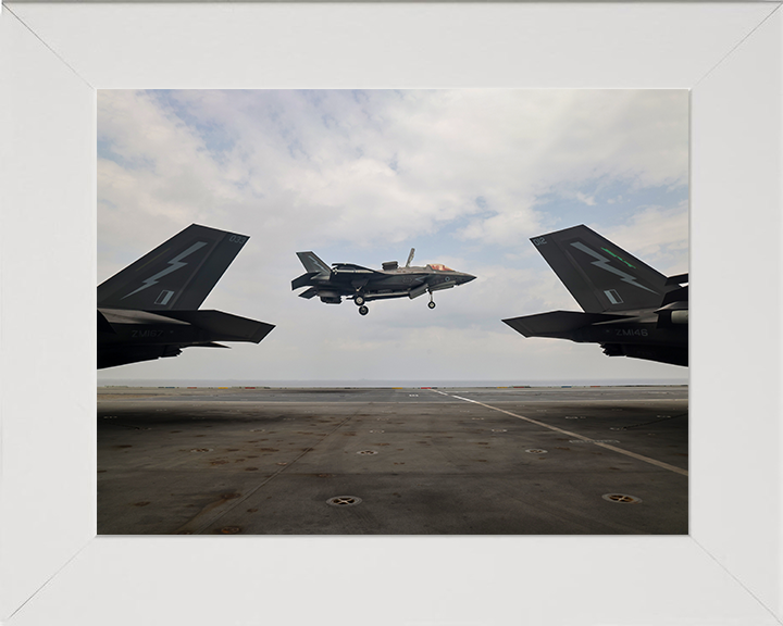 F-35B Lighting Jet Landing above a Flight Deck 2025 Photo Print - Royal Navy Aircraft Posters, Prints, & Visual Artwork Hampshire Prints 10 x 8 White Frame No