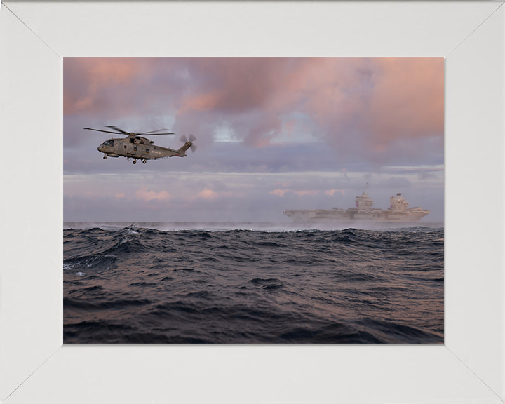 HMS Queen Elizabeth (R08) Photo Print - With Merlin - Royal Navy Queen Elizabeth Class Aircraft Carrier Hampshire Prints 10 x 8 White Frame No