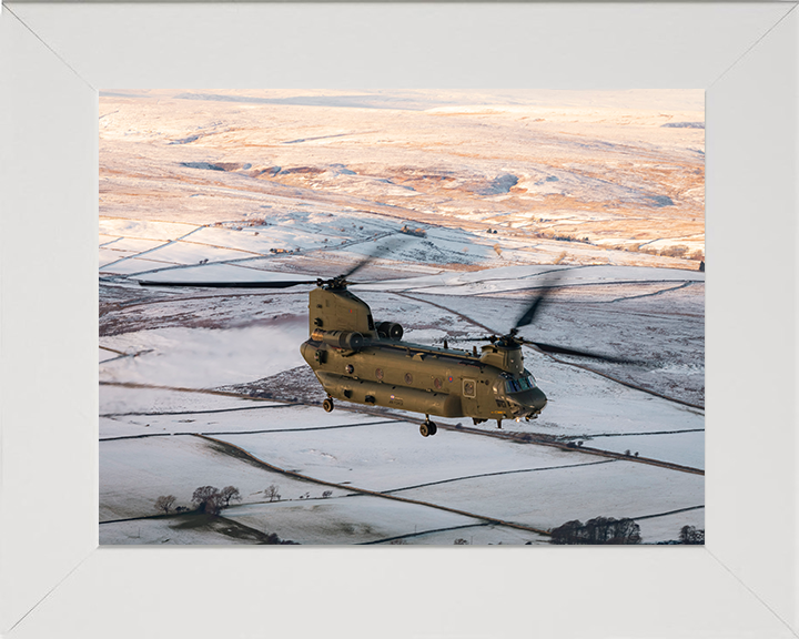 RAF Chinook Helicopter Flies Over Winter Countryside Photo Print - Royal Air Force Aircraft Posters, Prints, & Visual Artwork Hampshire Prints 10 x 8 White Frame No