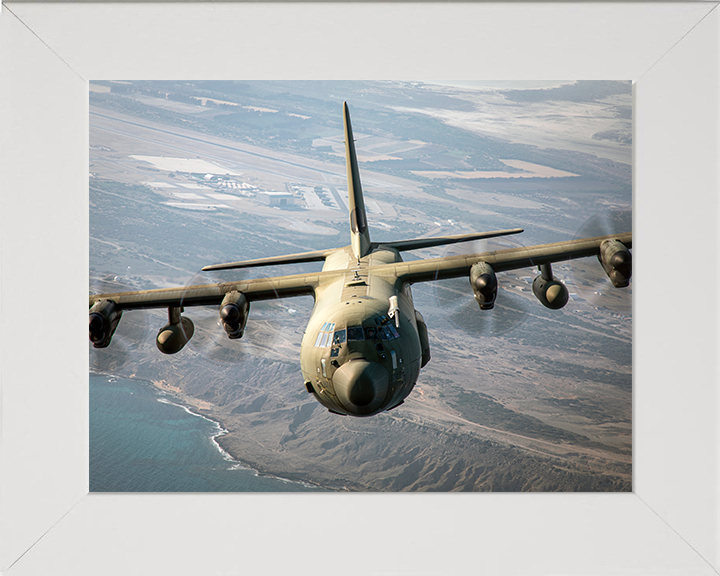 RAF C130J C4 Hercules in flight Photo Print - Royal Air Force Aircraft Hampshire Prints 10 x 8 White Frame No