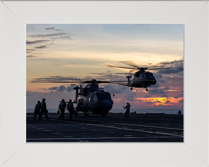 Merlin MK4 Helicopters From a Flight Deck at sunset Photo Print - Royal Navy Aircraft Hampshire Prints 10 x 8 White Frame No