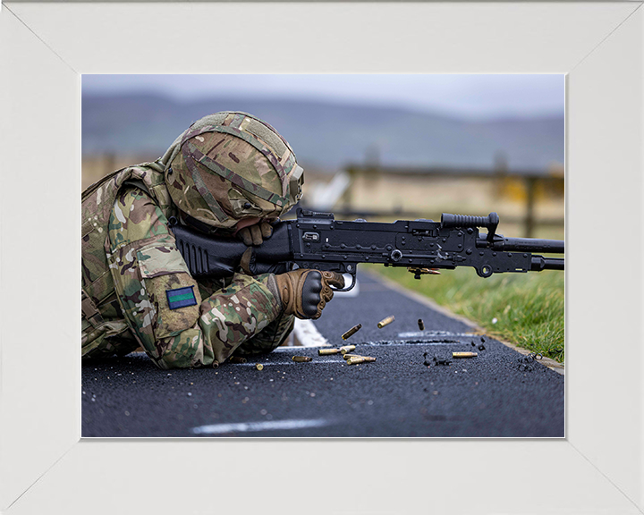 British Army Reserve Trooper firing a GPMG Photo Print Wall Art Military Decor Poster Posters, Prints, & Visual Artwork Hampshire Prints 10 x 8 White Frame No