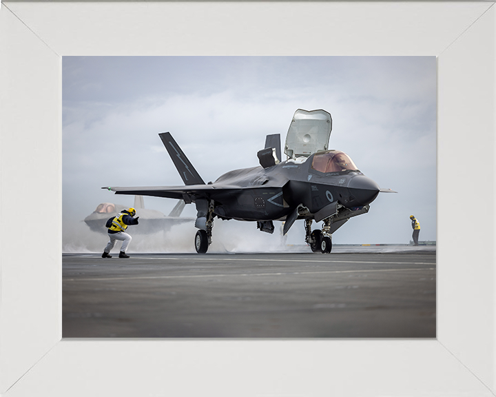 RAF F-35B Lightning jet flight deck Launch Photo Print - Royal Air Force Aircraft Hampshire Prints 10 x 8 White Frame No