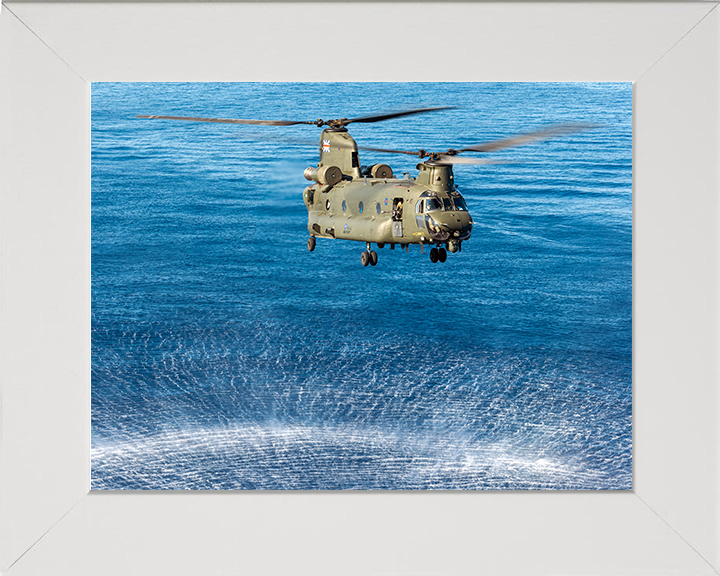 RAF Chinook Helicopter Hovering over sea Photo Print - Royal Air Force Aircraft Hampshire Prints 10 x 8 White Frame No