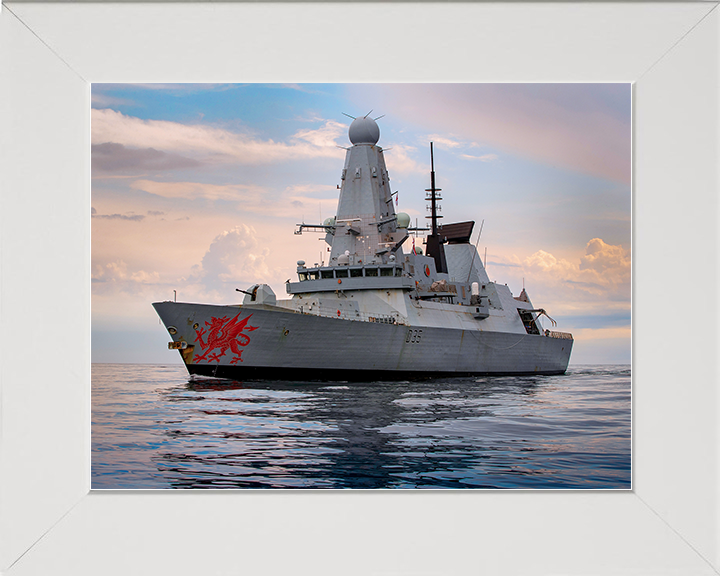 HMS Dragon (D35) Royal Navy Type 45 Destroyer Port Side View At Sunset Photo Print Wall Art Decor Posters, Prints, & Visual Artwork Hampshire Prints 10 x 8 White Frame No
