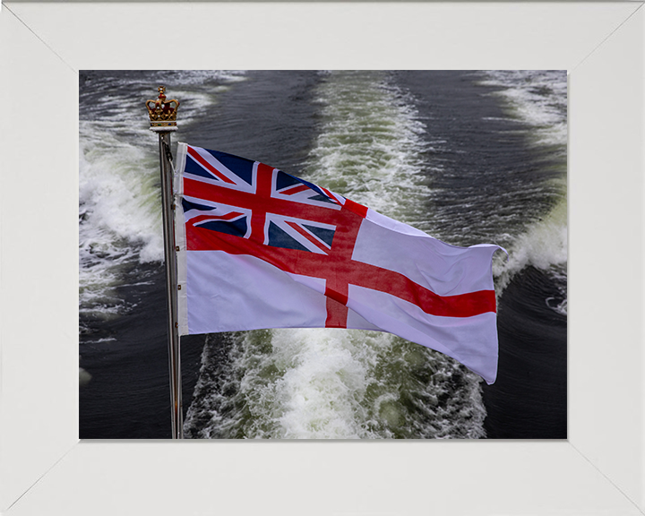 White Ensign and Ships Wake Photo Print - Royal Navy Hampshire Prints 10 x 8 White Frame No
