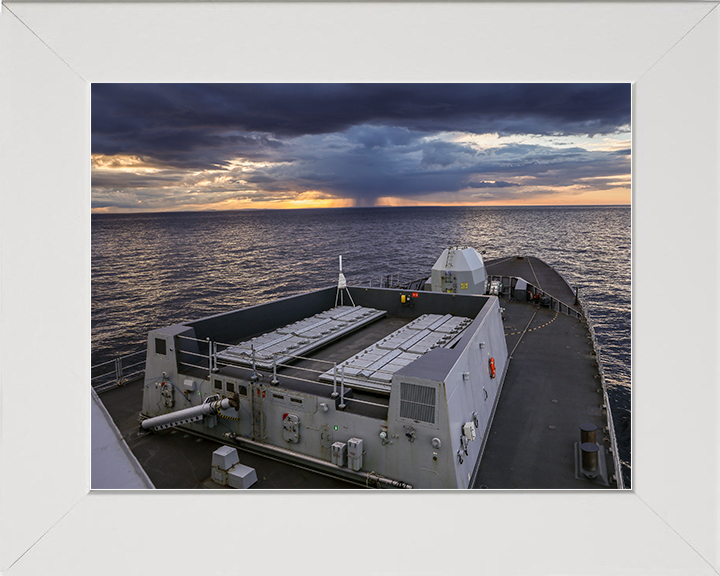 HMS Dragon (D35) Royal Navy Type 45 Destroyer Forecastle Sunset Photo Print Wall Art Decor Posters, Prints, & Visual Artwork Hampshire Prints 10 x 8 White Frame No