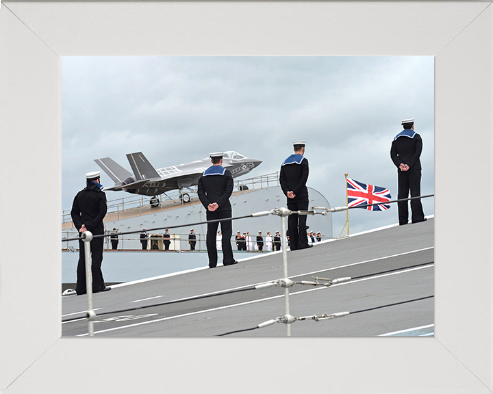 HMS Queen Elizabeth (R08) Photo Print - Sailors on Ski Jump - Royal Navy Queen Elizabeth Class Aircraft Carrier Hampshire Prints 10 x 8 White Frame No